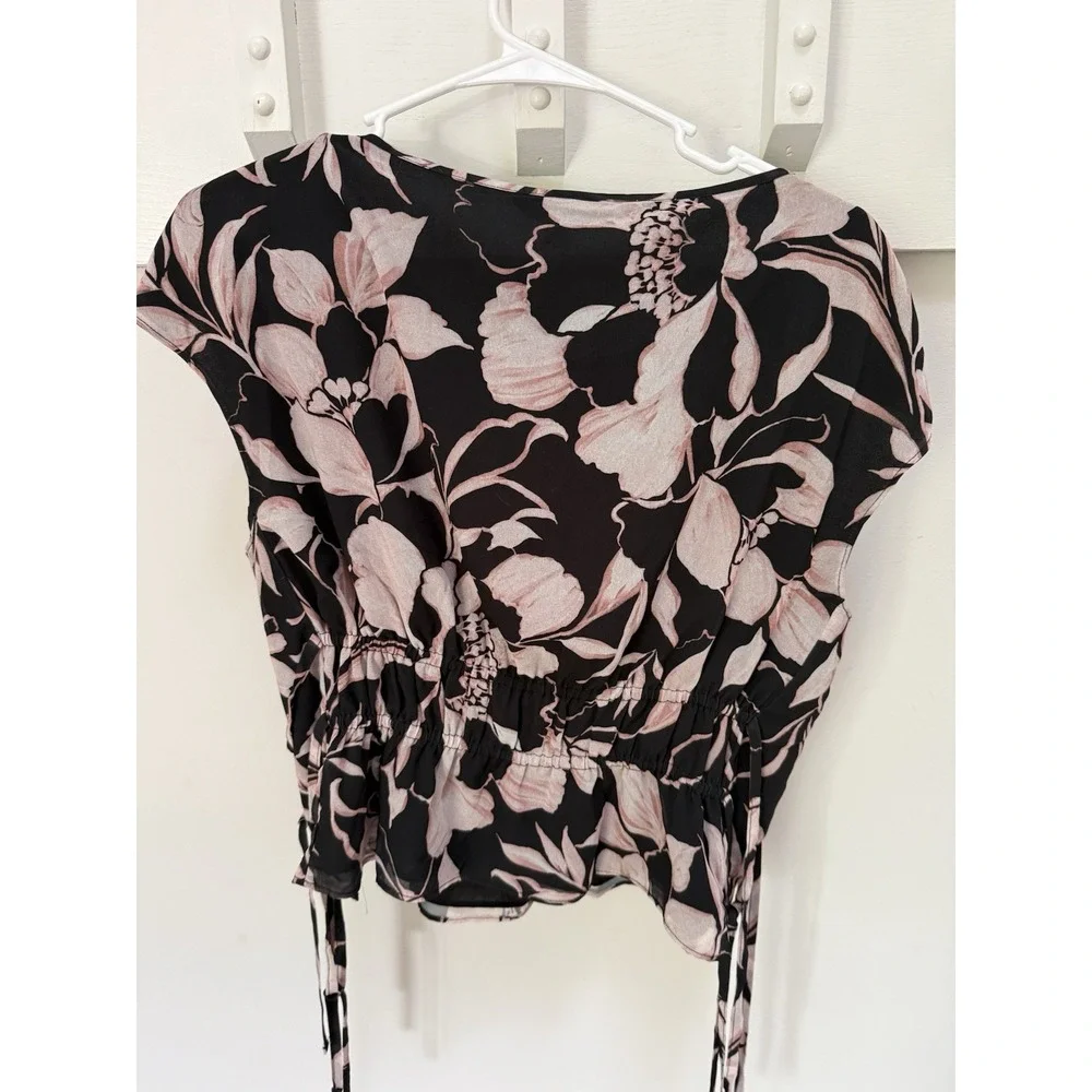 Banana Republic (Black and Blush Floral) Smocked-Waist Blouse Medium